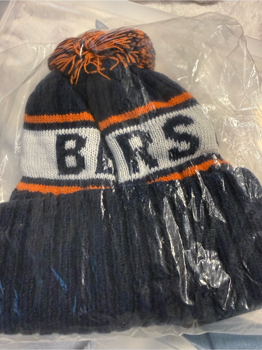 Pom Pom Beanie Hat in Navy, White & Orange